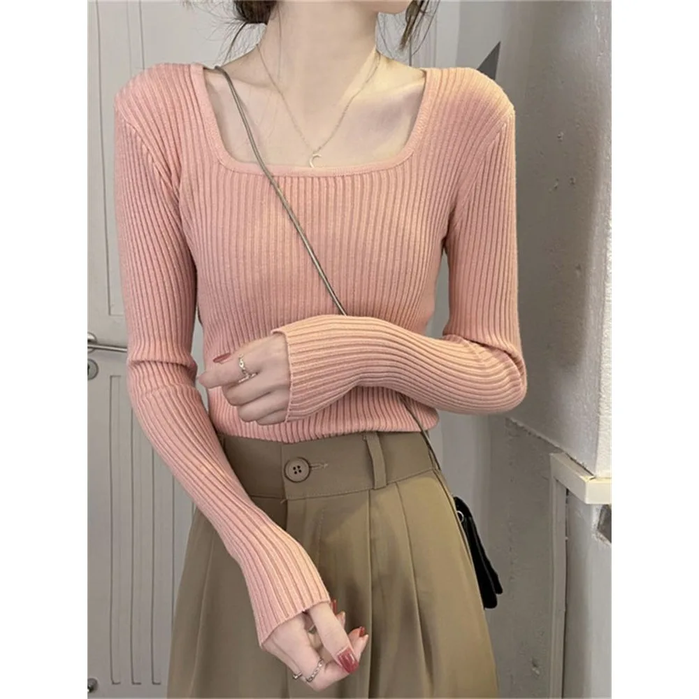 

Женский розовый укороченный свитер с квадратным вырезом, в рубчик, с длинным рукавом, облегающий, повседневный, базовый, для весны и осени