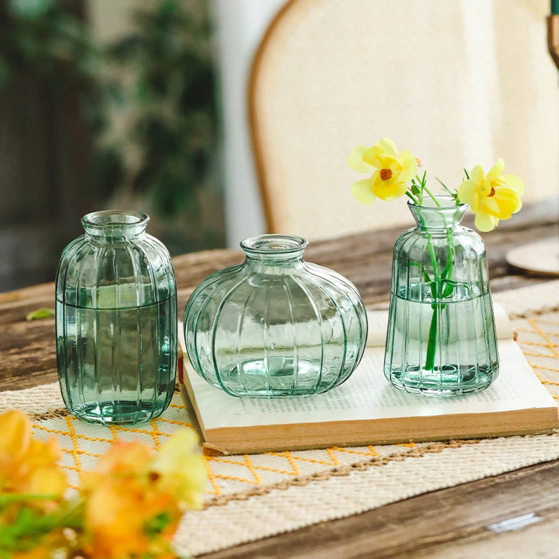 1 Set Modern Light Luxury Mini Colored Glass Vase Set Hydroponic Transparent Flower Bottle Handicraft Home Decor Table Ornaments