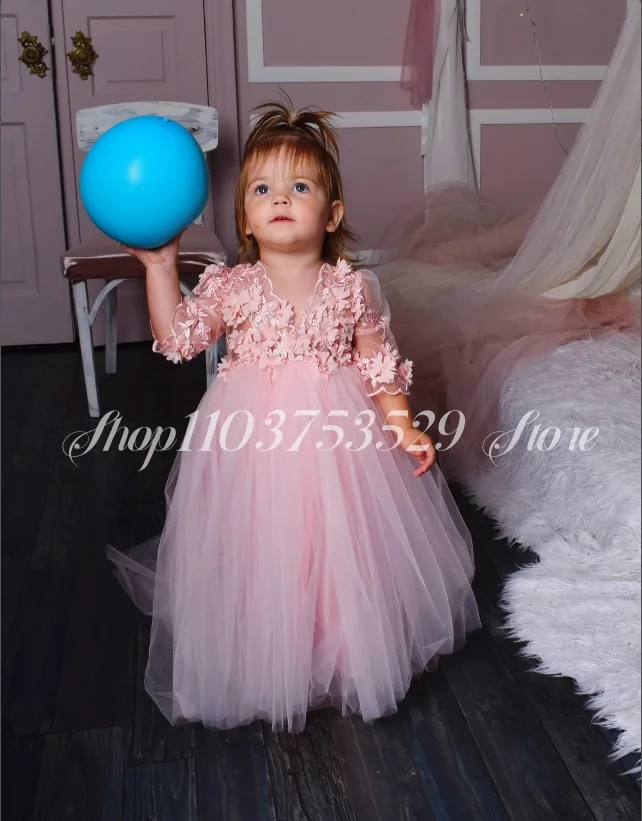 Pink Flower Girl Dresses 2025 New Floral Tulle A-Line Dresses Customised Formal Occasion Birthday Banquet Children's Day Dresses