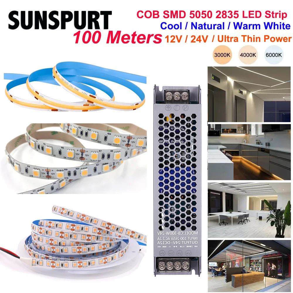 

5-100M LED Strip DC12V 24V COB SMD2835 5050 320 120 60 Flexible Tape Home Indoor 8/10mm Width Cool Natural Warm White Ultra Thin