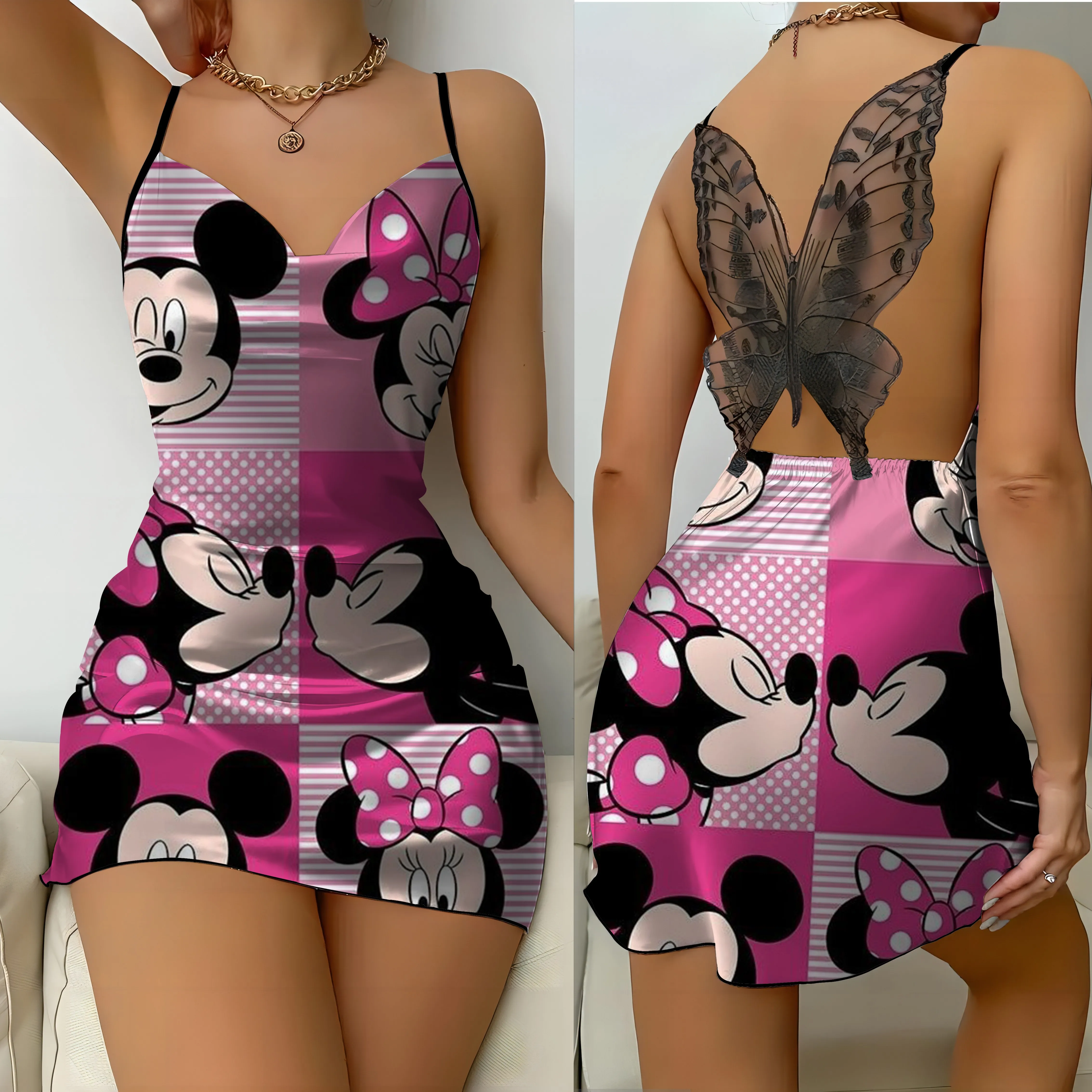 Women\'s Summer Dress Satin Surface Bow Knot Mickey Disney Sexy Dresses Minnie Mouse Womens Fashion 2024 Elegant Mini Lace Disney