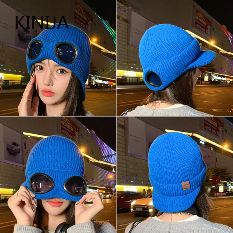 Pilot Glasses Knitted Hats for Women In Winter Outdoor Street Multipurpose Plush Warm Coldproof with Brim Beanies for Men Caps