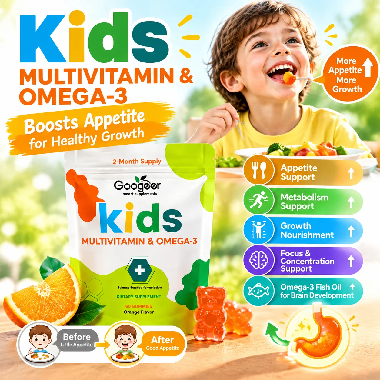 Kids Multivitamin & Omega-3 Gummies Promote Kids Appetite & Growth Nourishment & Focus Brain Development Fish Oil Zinc 60Gummies