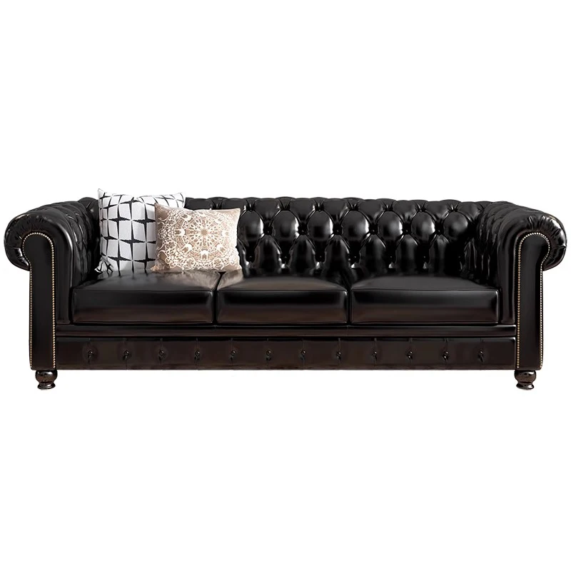 Leather sofa first layer cowhide retro buckle sofa cigar room hotel three-person leather sofa