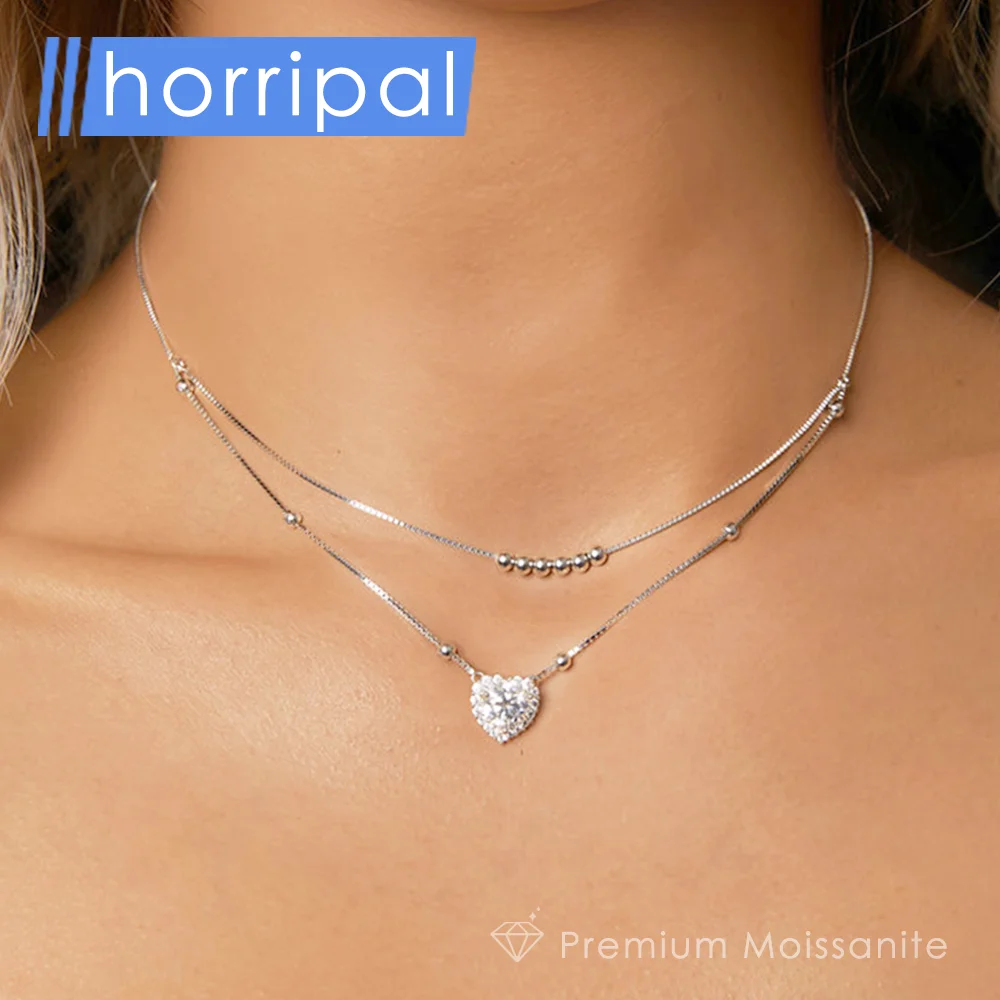 

Round Moissanite Heart Pendant Necklace for Women Gift S925 Sterling Silver Double Chain Plated 18K White Gold Elegant Jewelry