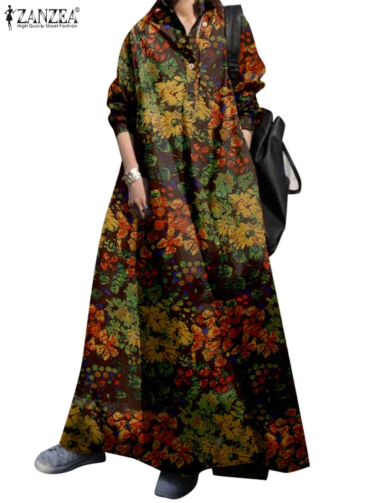 ZANZEA-Vestido veraniego de otoño para mujer, Vestido bohemio de manga larga con cuello de solapa, Vestido holgado de algodón con estampado Floral Vintage para vacaciones 2024