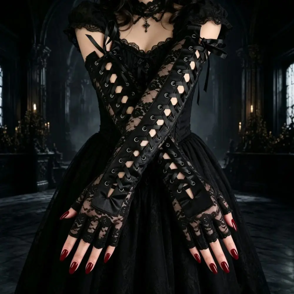 Sweet Elastic Lace Strap Gloves Long Gloves JK Cloth Ribbon Half Finger Gloves Punk Lolita Women Gloves Party