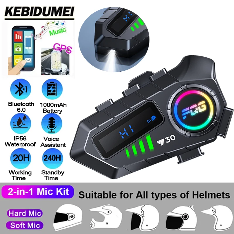 KEBIDUMEI V6.0 Bluetooth Helmet Intercom Headset Handsfree 1000mAh Battery With LED Flash Light For 2 Riders 10m Talkinng