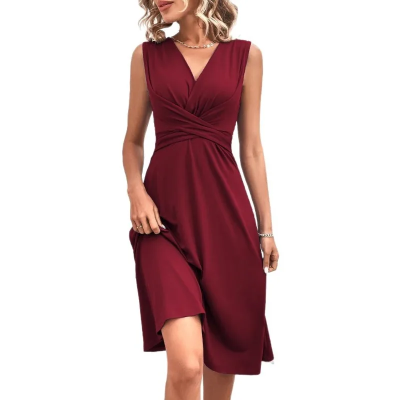 Jurken 2025, Vrouw Zomer Effen Kleur V-hals Taille Gebonden Cross-Front Geplooide Mouwloze Lange Jurk Vrouw Kleding Rokken Y2k - afbeelding 2