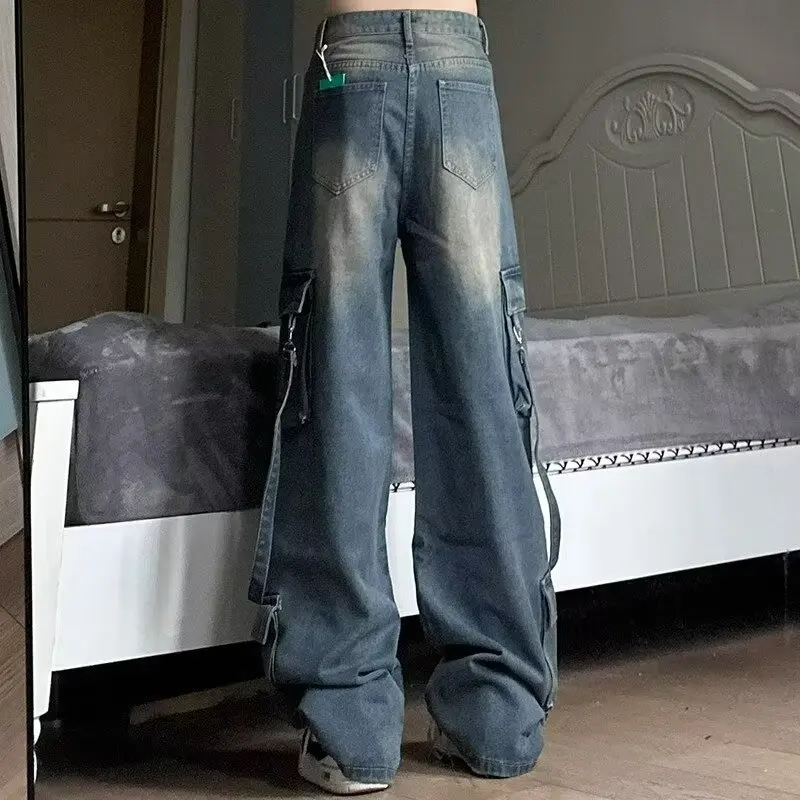 Novo estilo americano calças de rua alta multi-bolso cinta jeans feminino outono vintage solto carga calças de perna larga