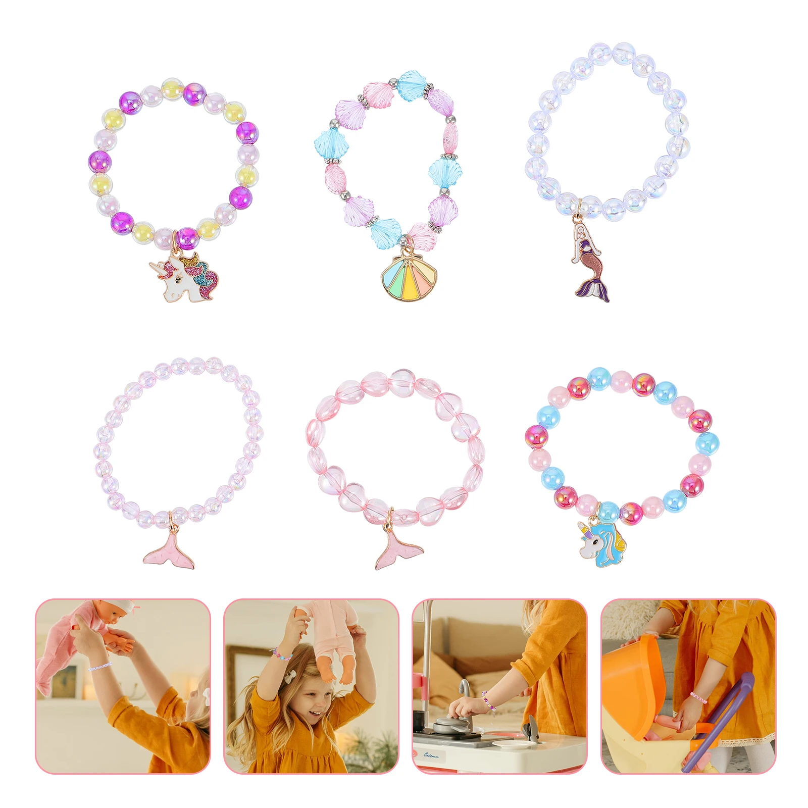 

6 Unicorn Beaded Bracelets Rainbow Jewelry Girls Toddler Child Princess Animal Birthday Gift Pretend Play Tea Party Toy