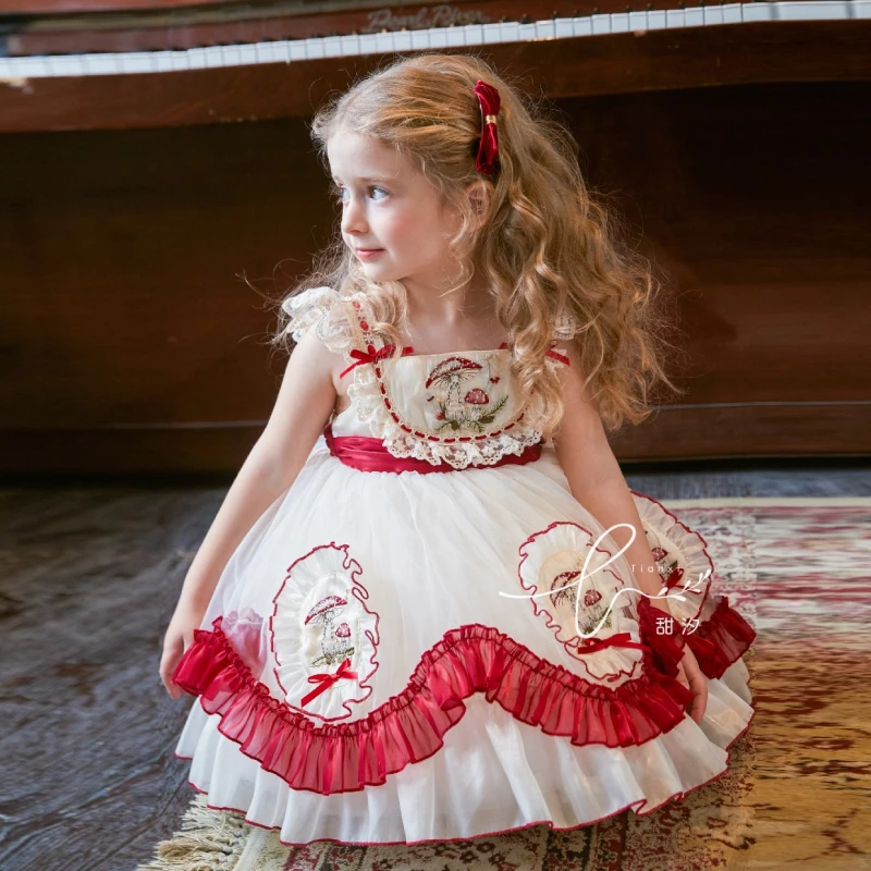 Handmade Red Umbrella Girls Suspender Lolita Princess Dress Four Seasons Children's Mushroom Embroidered Dress Tide