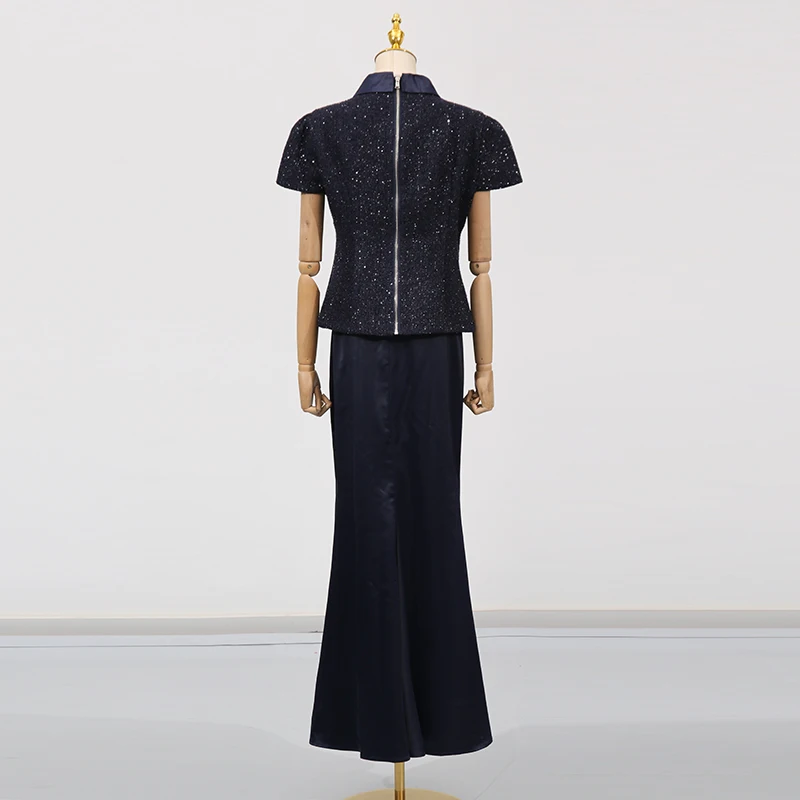 VGH Chic Two Piece Sets for Women Stand Collar Short Sleeves Spliced Pocket Tweed Top High Waist Maxi Skirts Vintage Suit Female - Image 6