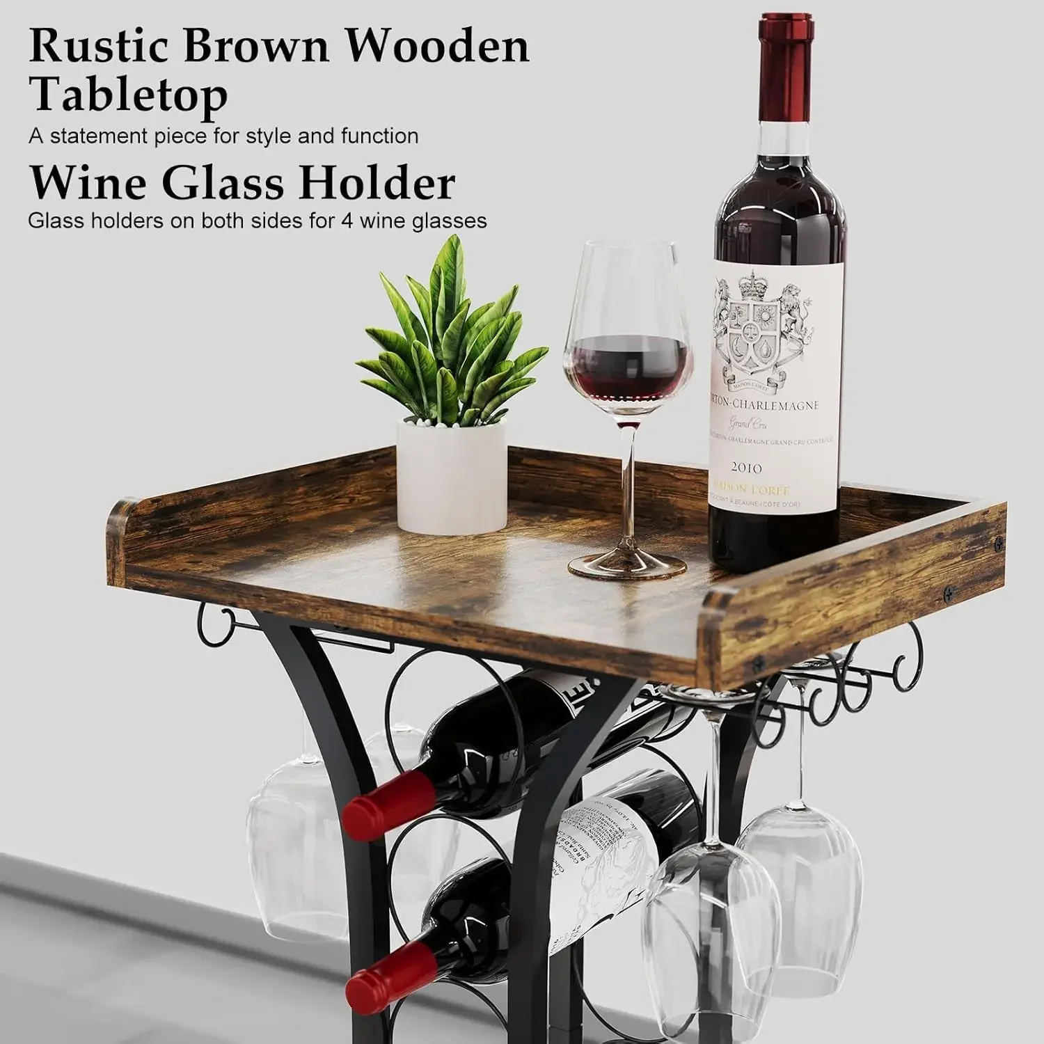 X-cosrack Wine Rack Freestanding Floor, Mini Bar Table Wine Holder Stand Liquor Cabinet with Glass Holder Wood Tabletop