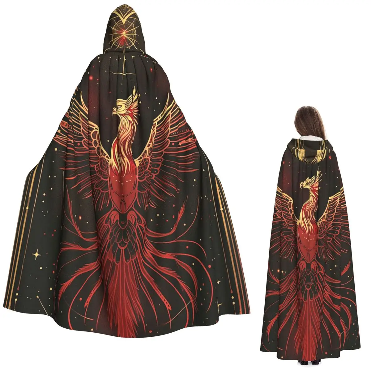 فينيكس الطيور الأسطورية مع أجنحة الناري عباءة طويلة مقنعين الساحرة القرون الوسطى زي تأثيري كيب هالوين مصاص دماء الكبار للجنسين