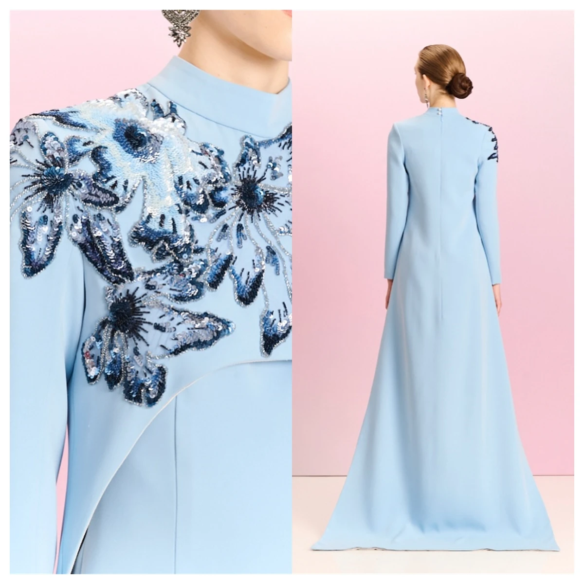 

Customized Exquisite Blue Jersey Evening Dress O-Neck Long Sleeves Celebrity Gowns Bespoke Occasion Gowns Appliques High Quality