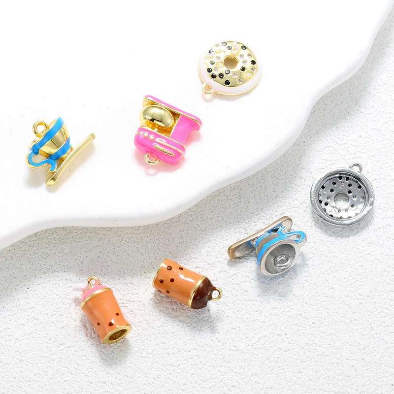 18K Gold-Plated Brass Enamel Droplet-Glazed Cartoon Coffee Machine Bubble Tea-Themed Charm Pendant Jewelry DIY Accessories
