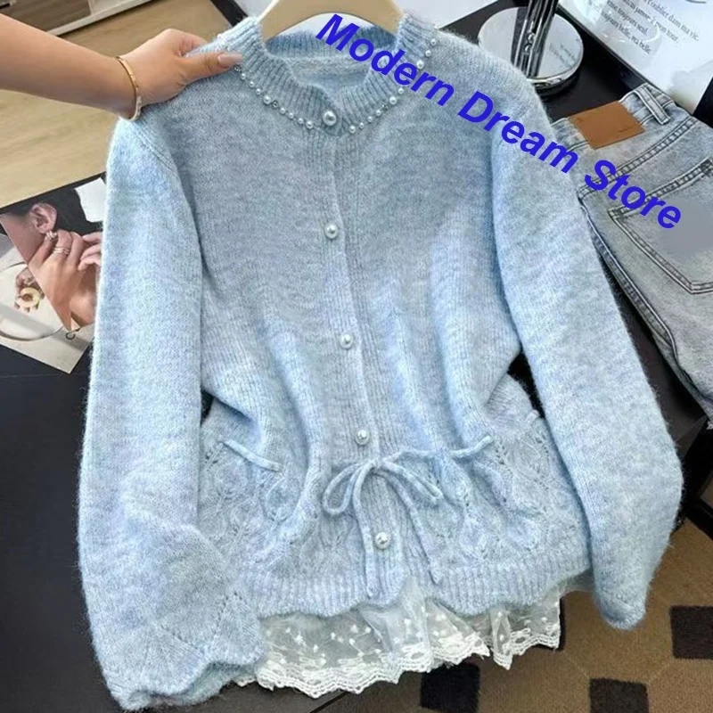 French Fashion Knit Cardigan Loose Sweet Gentle Wind Coat Women's Autumn and Winter New Beaded Waist Stitching Lace Sweater