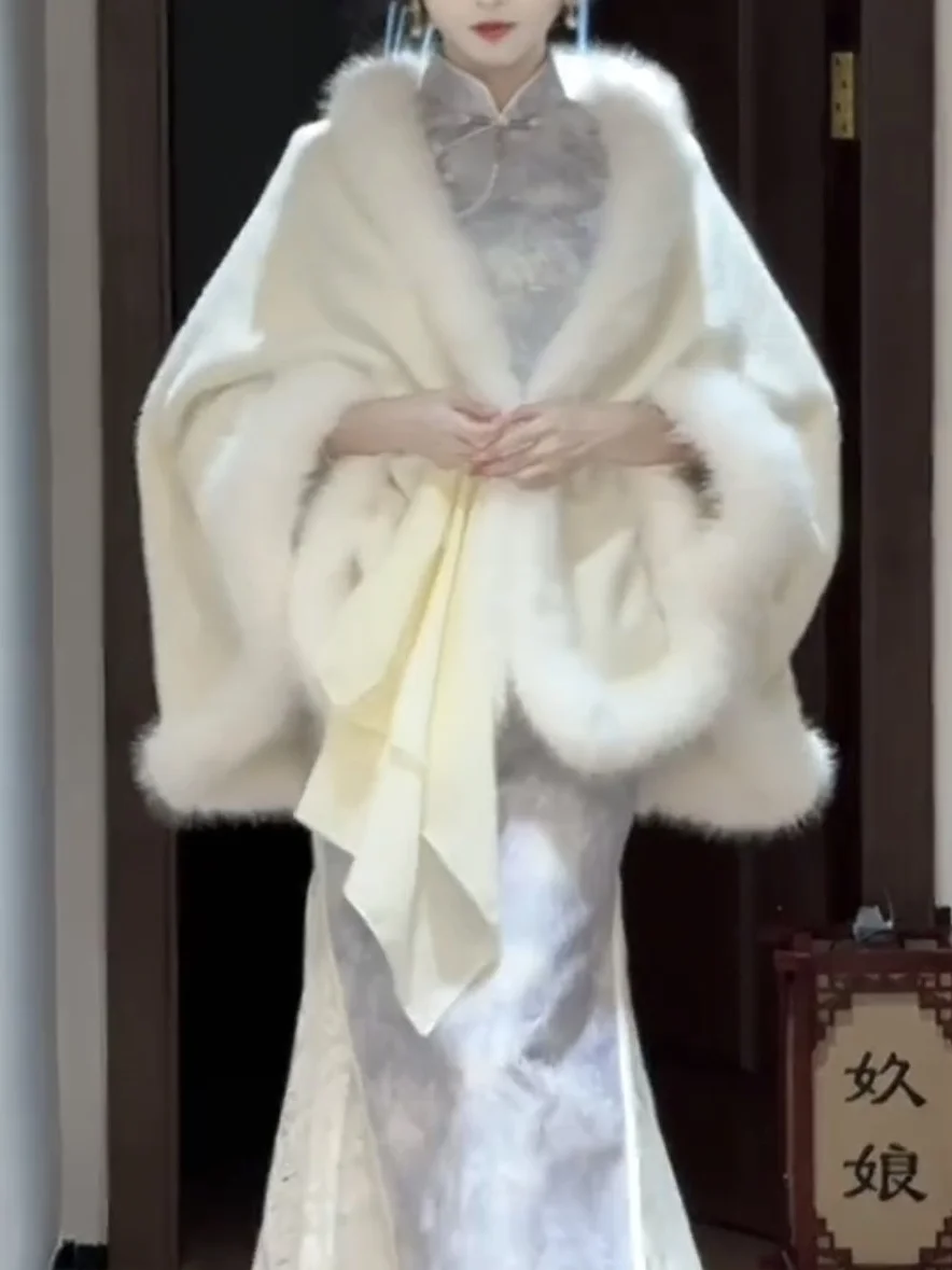 

Ming Dynas Sle White Faux Fur Wrap Coat Women's Knitted Outerwear for Autumn Winter Thiened Medium Gauge