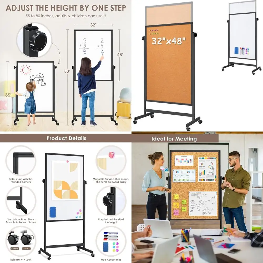 سبورة بيضاء مغناطيسية بارتفاع قابل للتعديل مع لوحة مفلين محمولة، 32 × 48 لعرض المكتب والتخطيط