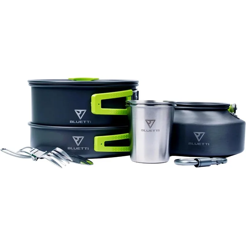 

BLUETTI 9pcs Camping Cookware Set– Hard Alumina Camping Cookware with 1.1L Teapot, Frying Pan, Cooking Pot, Cutlery & 2 Cups