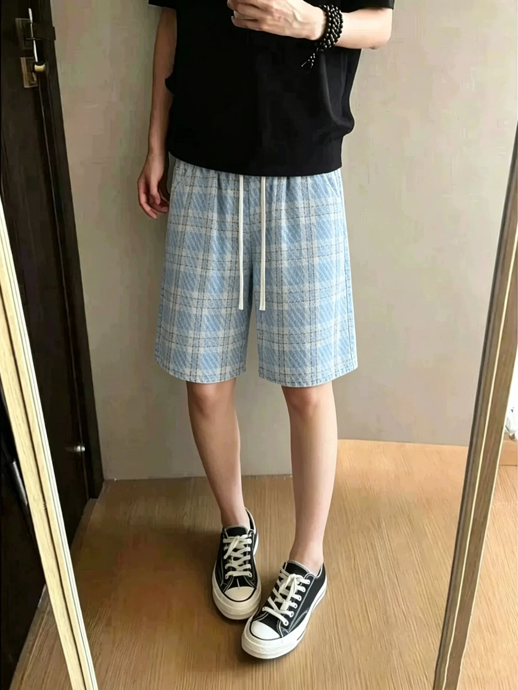 

Blue Knitted Plaid Shorts Men's Summer American Vacation Beach Loose Casual Five-Quarter Length Fashionable Casual Shorts