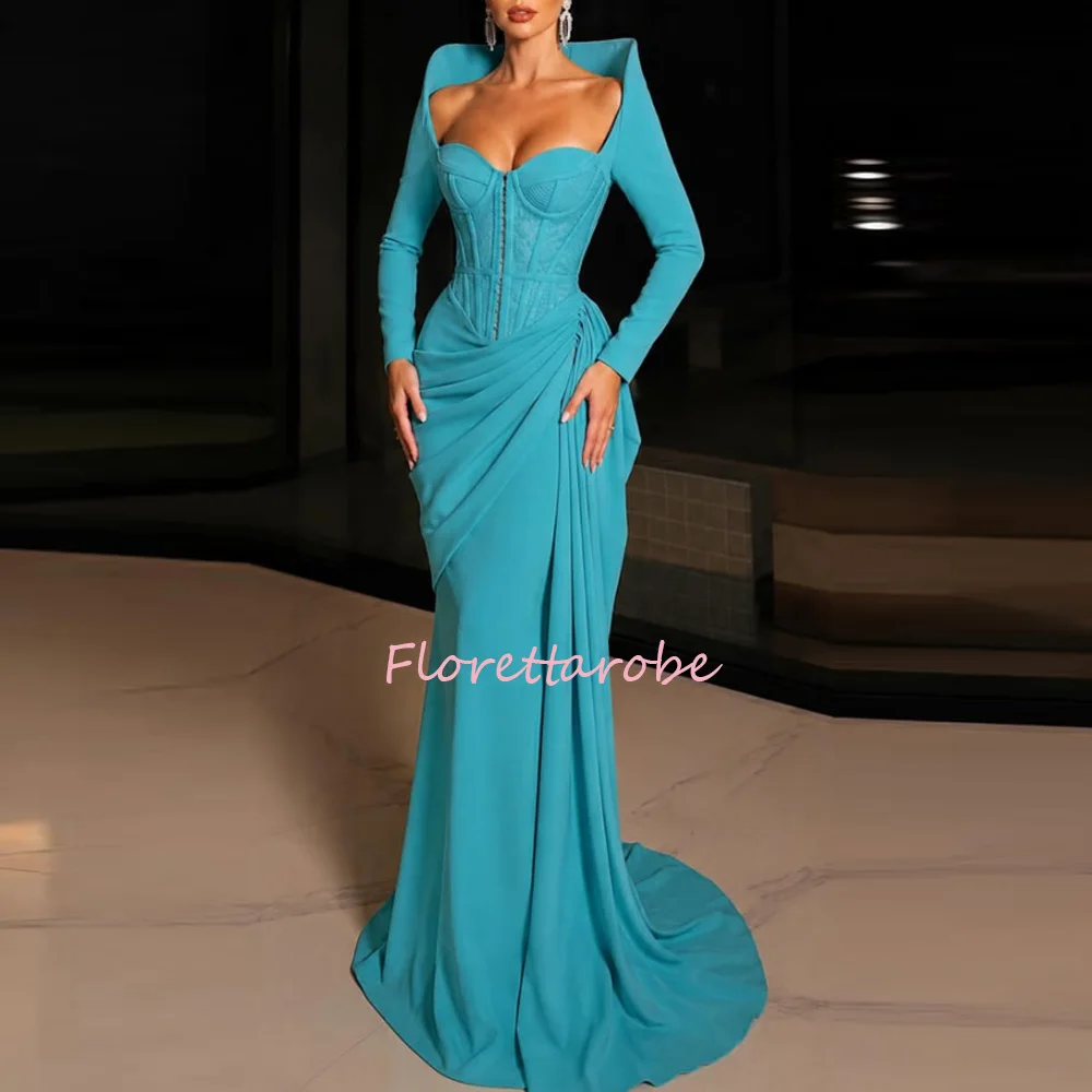 Customized  Formal Evening Dress Long Sleeve Structured Shoulder Square Cowl Waist Ruched Side Floating Sash Prom Gown