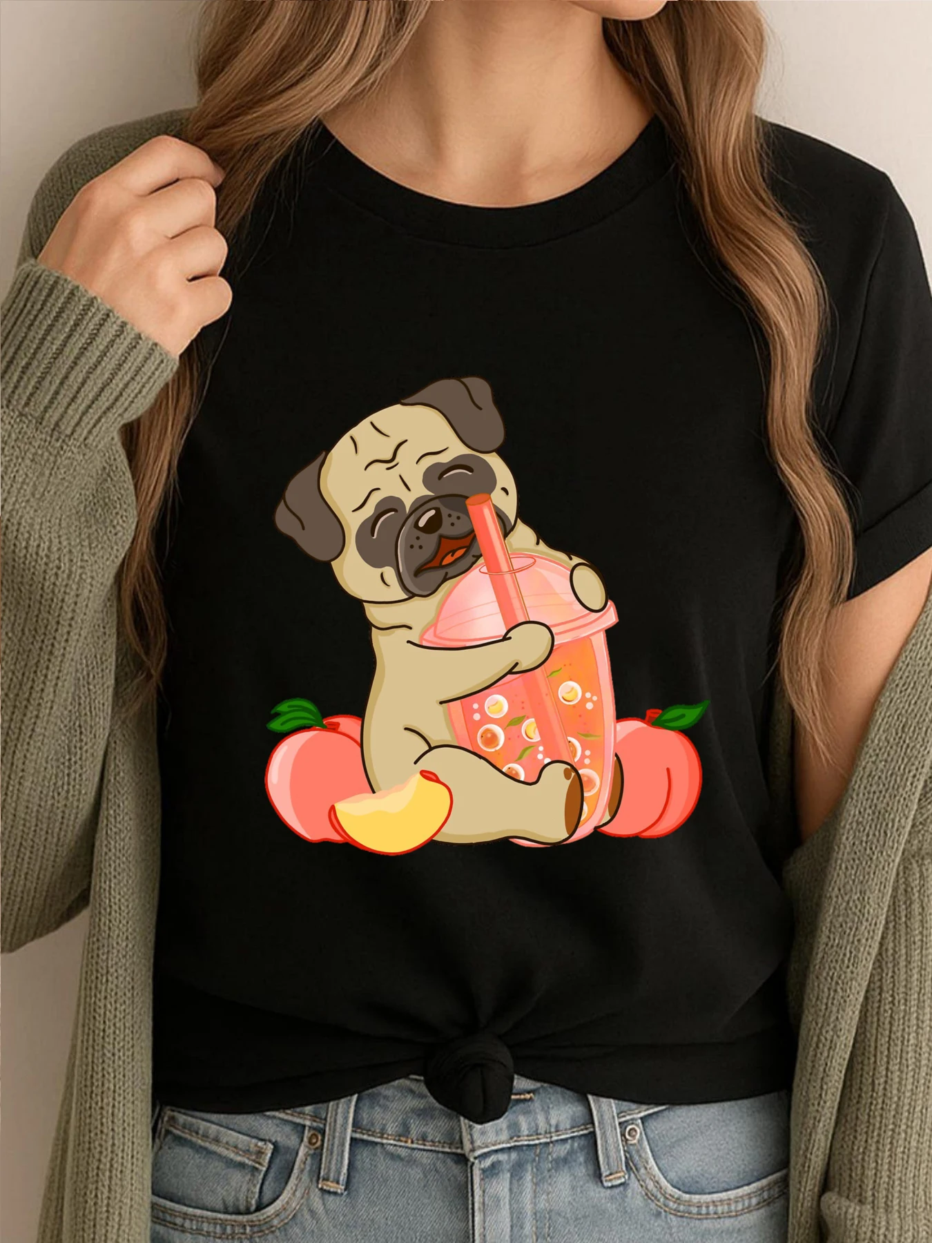 

Футболки с рисунком Pug And Peach Boba Drink, женские новые рубашки и футболки, роскошная одежда, женская забавная одежда с принтом