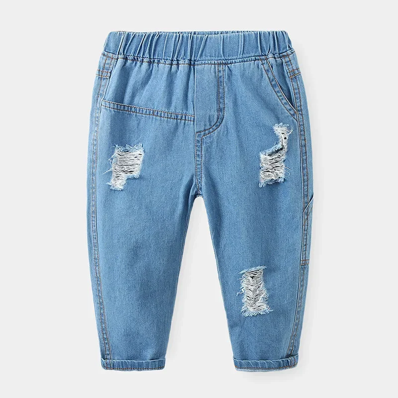 New 2025 Spring Autumn Boys Fashion Soft Solid Ripped Jeans Casual Long Trousers Kids Classic Elastic Waist Denim Pants Clothing