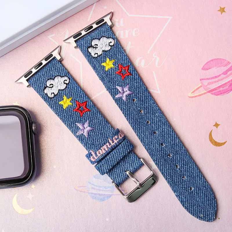 Applicable for Apple Watch Applewatch9 Iwatch S10 Embroidered Strap, Canvas  Strap, Creative Strap