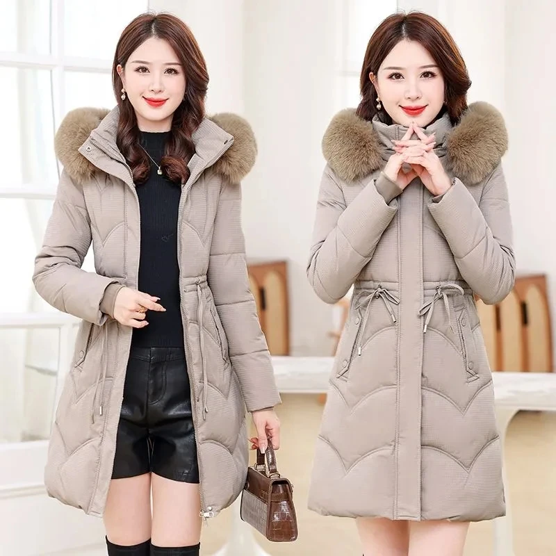 Zimowa ciepła parka damska z futrzanym kołnierzem i kapturem, modna, wygodna, z kieszeniami na zamek, długa kurtka, elegancka, dopasowana, gruba odzież wierzchnia damska.