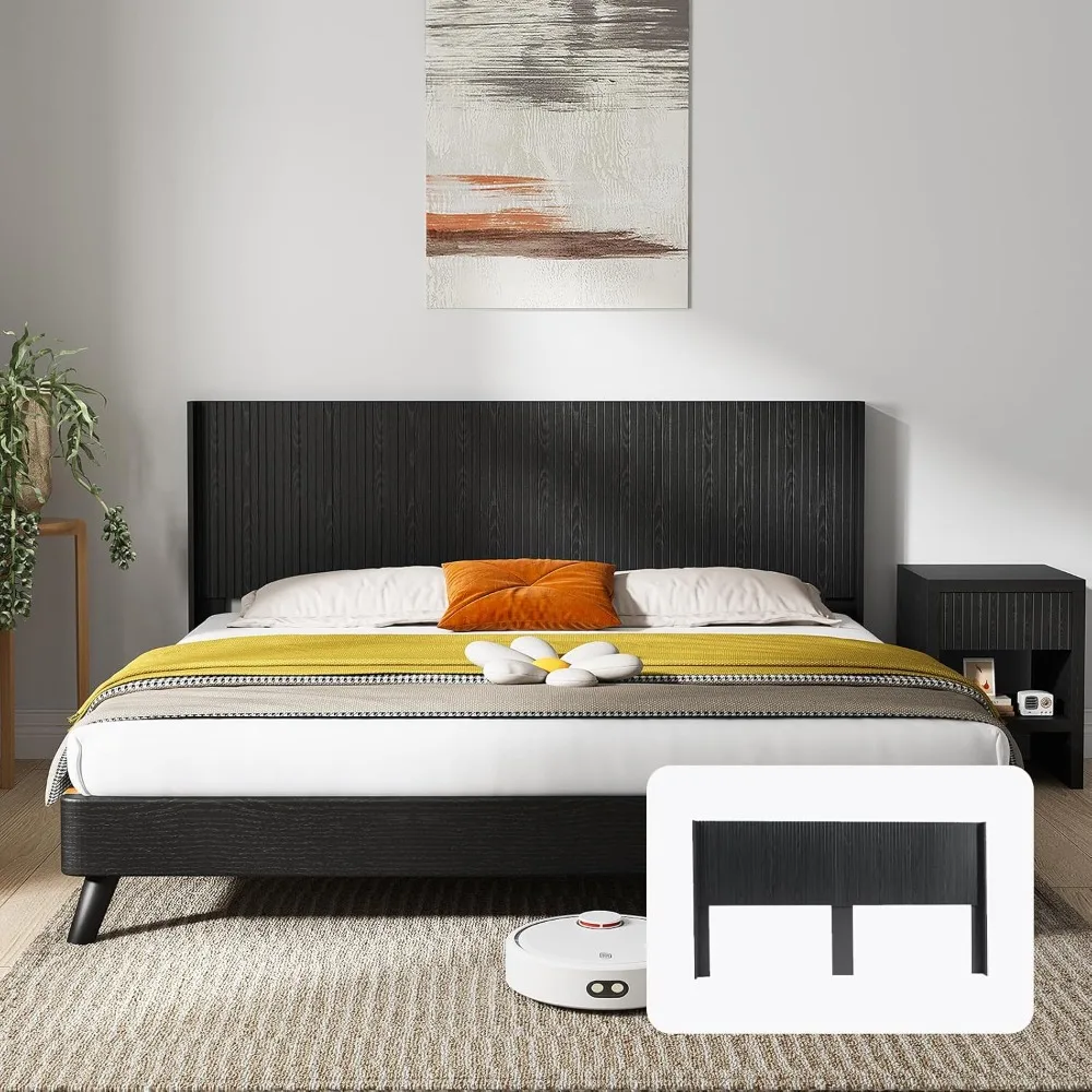 لوح رأسي من King Wood فقط، لوح رأسي مثبت على الحائط مقاس 80.2 بوصة مع لوحة مخددة وتصميم جناح لغرفة النوم، أسود