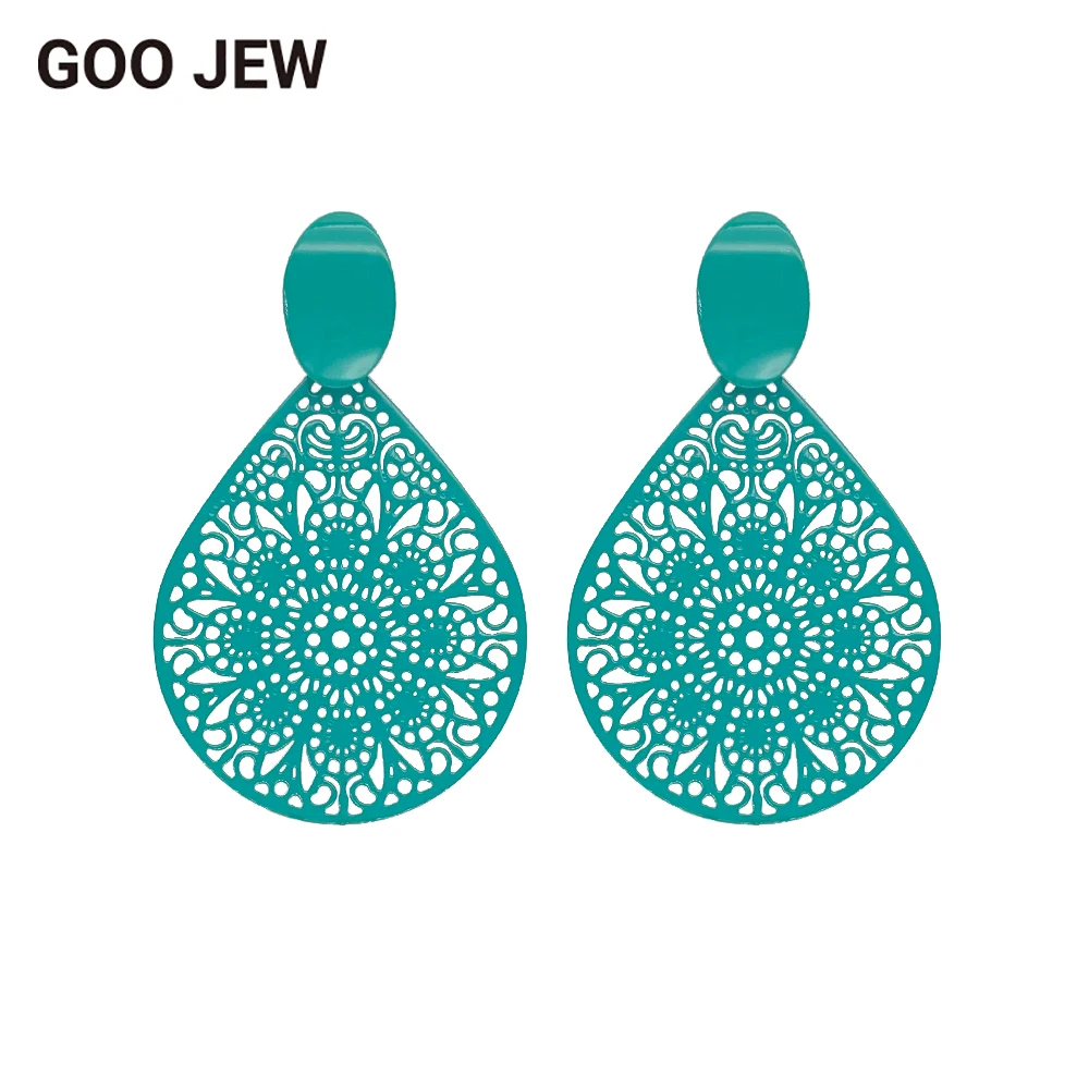 GOO JEW Exquisite Hollow Teardrop Filigree Stud Earrings Colorful Easy Matching Earrings for Women Fashion