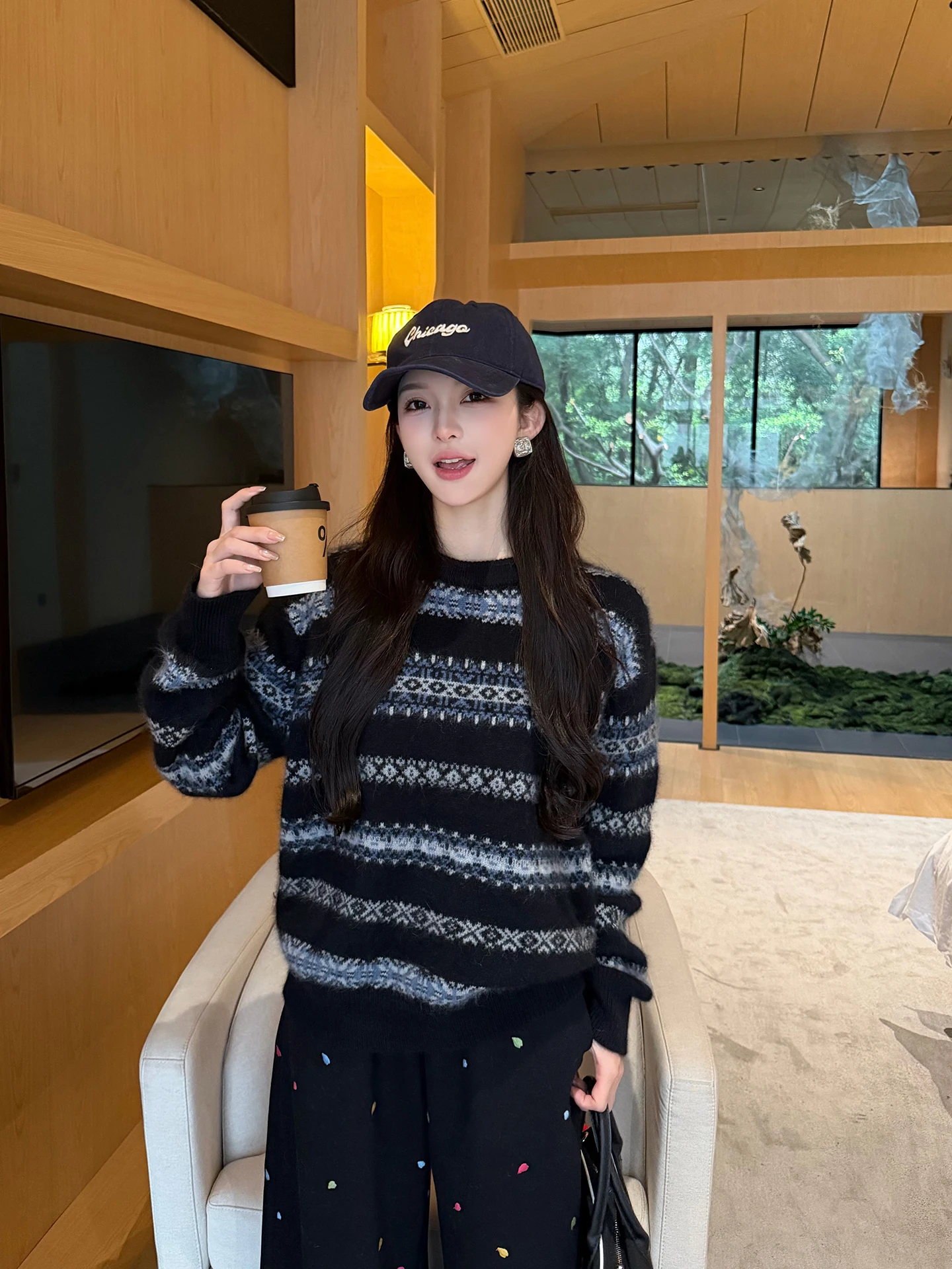 

Yanyan женский длинный свек круглый Ne Fair Isle вязаный свитер повседневный свободный крой теплый нейлоновый шерстяной топ осень-зима