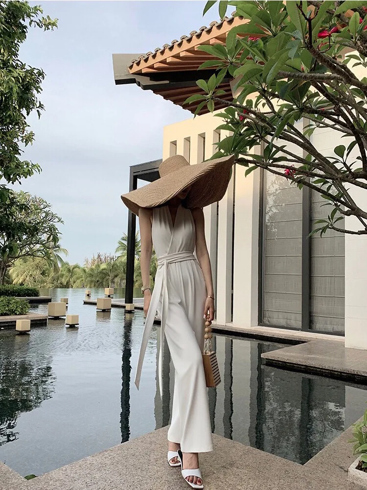 

Цельные брюки в стиле ретро, белые прямые брюки с высокой талией, женская одежда, модный дизайн Ele, летний полиэстер