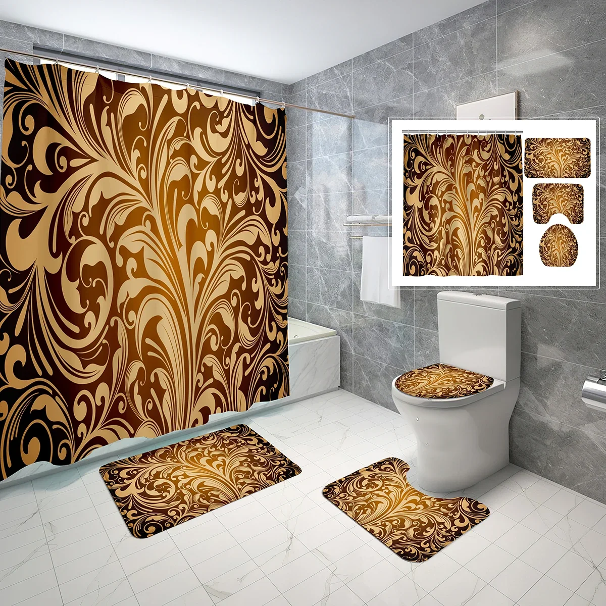 

Vintage Gold Shower Curtain Sets 4 Pcs Black and Gold Designed Shapes Non-slip Bath Mat Toilet Lid Waterproof Shower Curtain Set