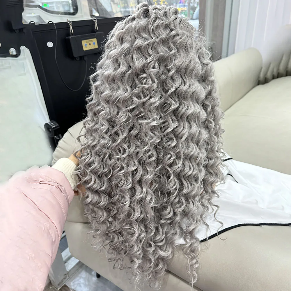 Grey Kinky Curly Wig Synthetic Lace Wig Long Deep Curly Wig Frontal Lace Front Wigs for Women Grey Wig 13X4 Cosplay Wig Party