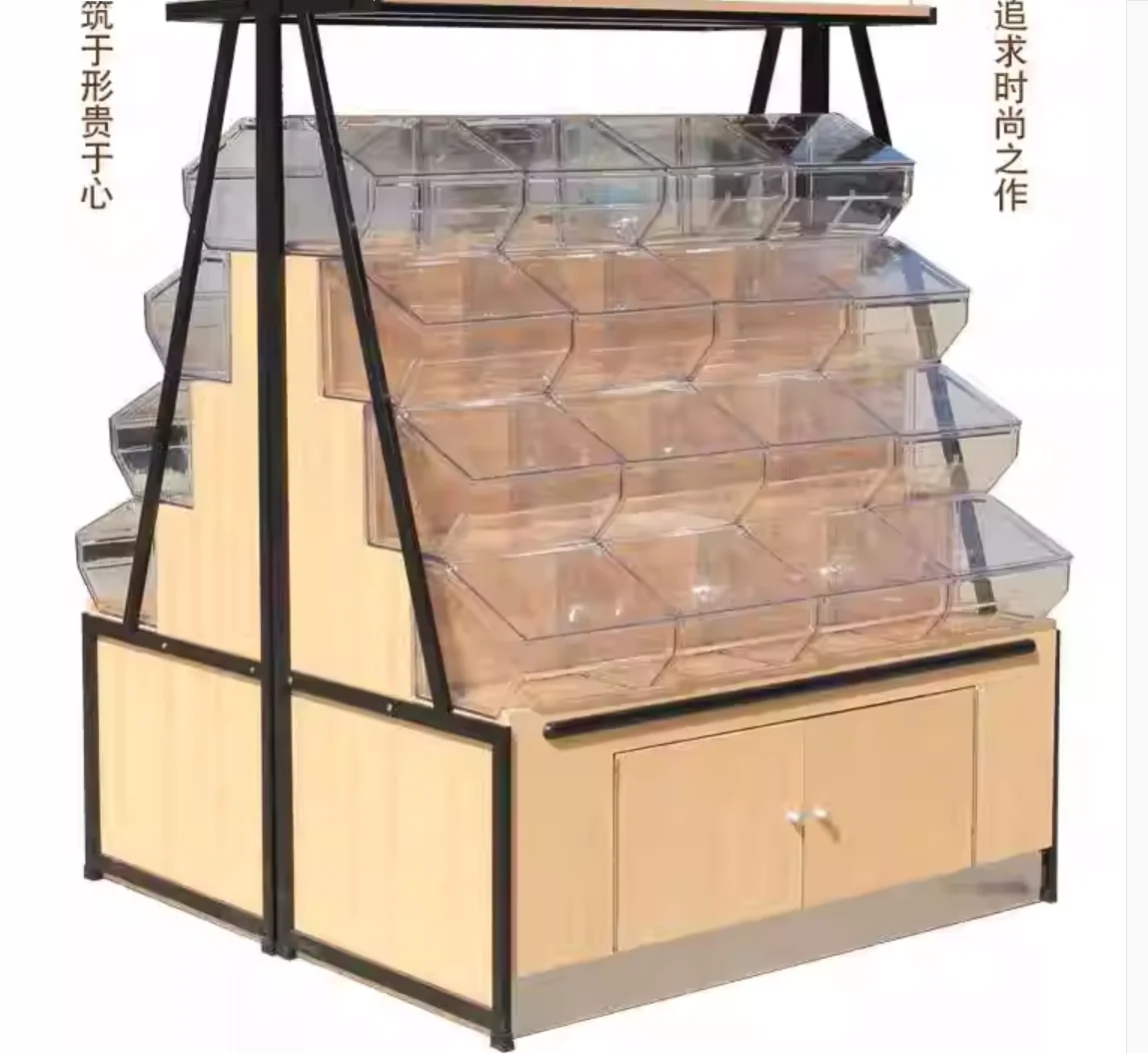 Snacks weighing bulk container dry fruit cereal shelves candy island cabinet snack food piling head