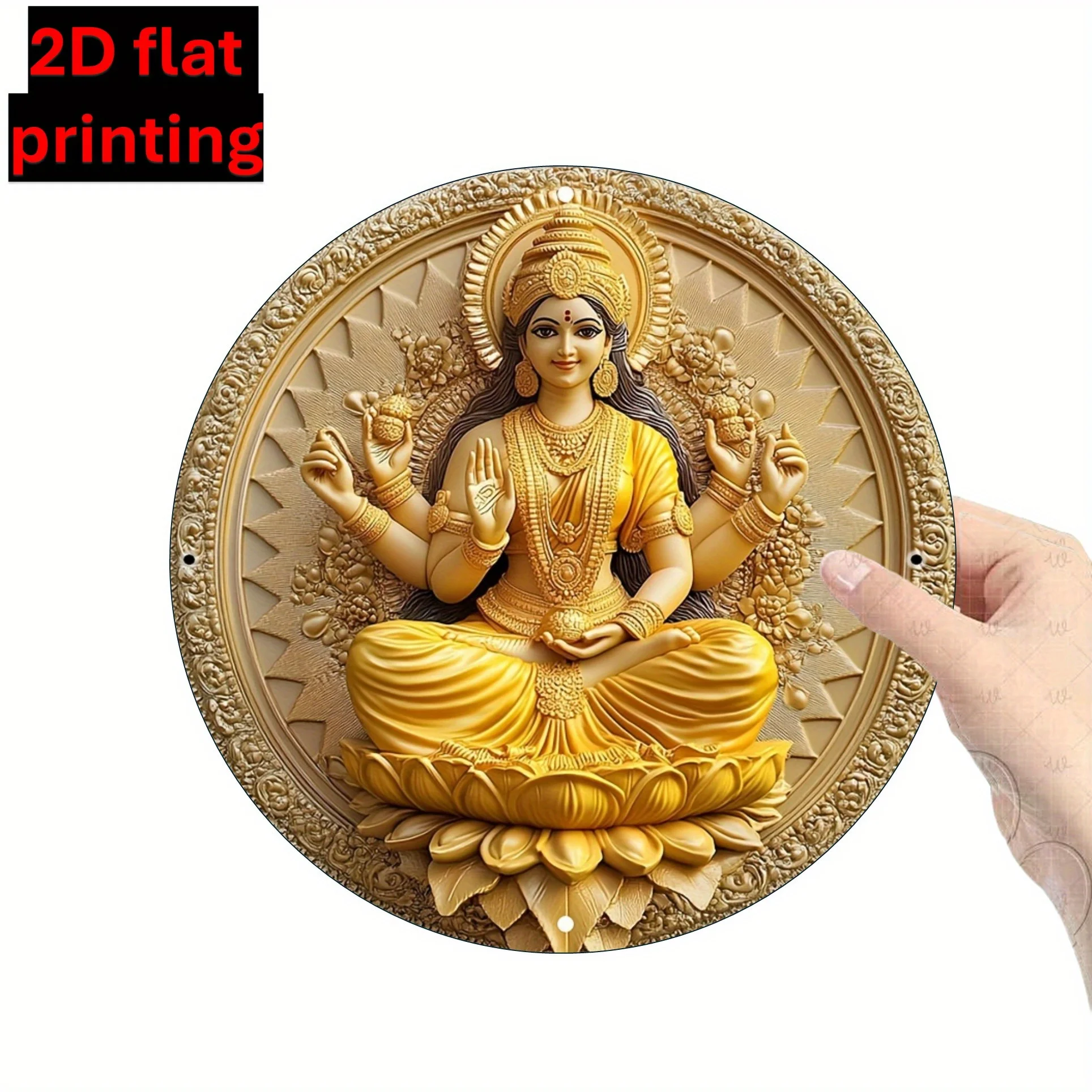 Golden Lakshmi Goddess Inspired Round Tin Plaque, 1pc 2D Flat Religious Decor Metal Sign, 20x20 Spiritual Home Altar Wall Art De