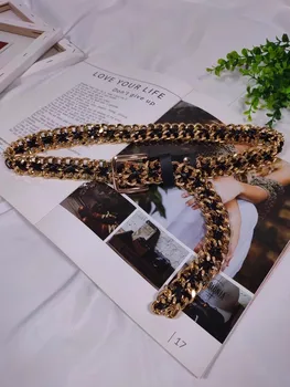 แฟชั่นผู้หญิง PU หนังทองเงินโซ่โลหะรัดตัวหญิง Cummerbund Coat เข็มขัดชุด Decration เข็มขัดกว้าง J674