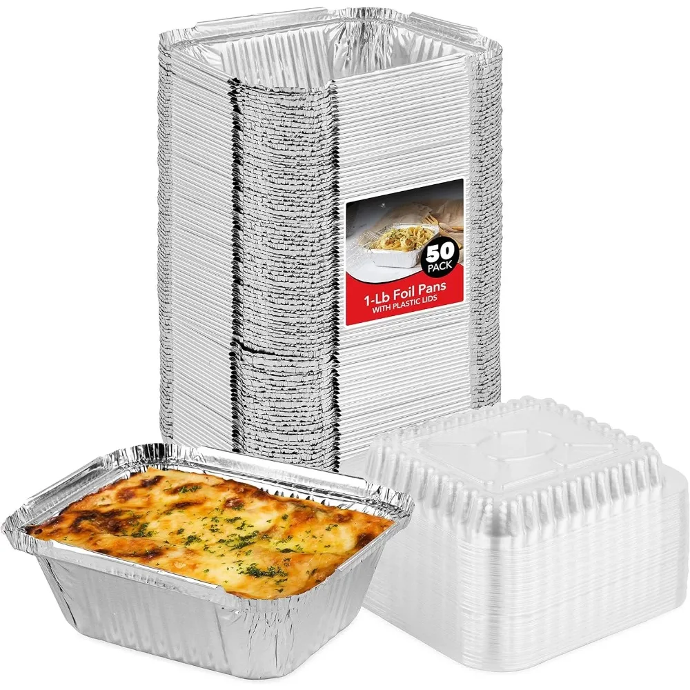 1 Lb Small Aluminum Pans with Lids Foil Pans + Clear Plastic, Disposable Cookware, Takeout Trays with Lids