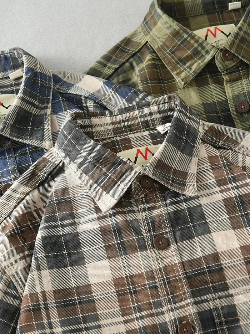 Spring And Autumn New American Retro Long-Sleeve Lapel  Cargo Plaid Shirt Men\'s Fashion Pure Cotton Washed Casual Blouses