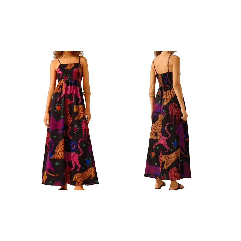 Abito lungo floreale estivo da donna 2025 senza maniche con cinturino per spaghetti stampato abito lungo da spiaggia Boho smock