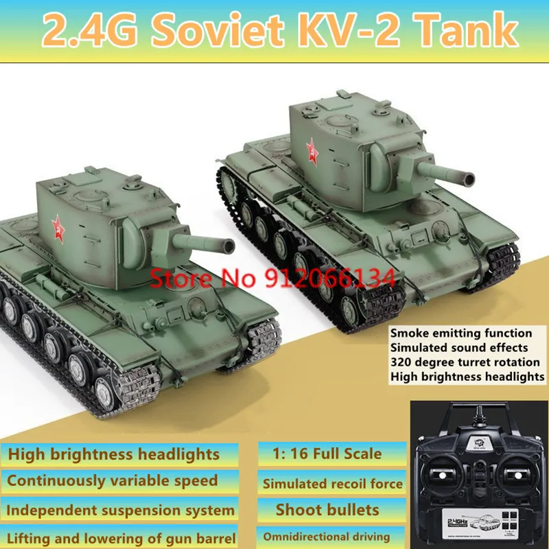 1:16 Tanque de controle remoto da bala de tiro da série KV soviética 2.4G 320 °   Brinquedo de caminhão RC elétrico do exército pesado com rotação de torre LED