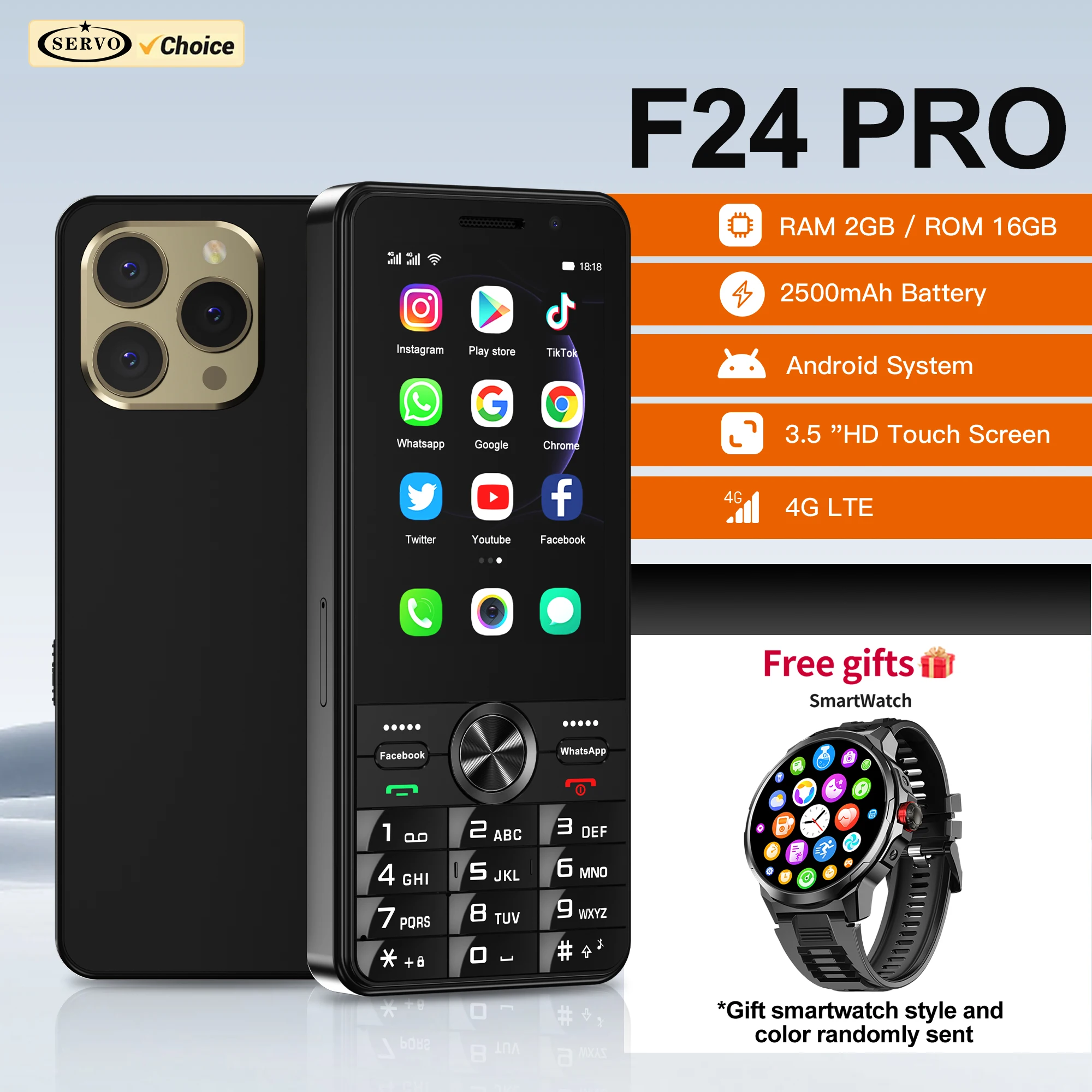 Free Smartwatch! SERVO F24 PRO Touch Smartphone 4G LTE Android OS Play Store WhatsAPP 2GB+16GB Wifi Hotspot Button Smart Phones