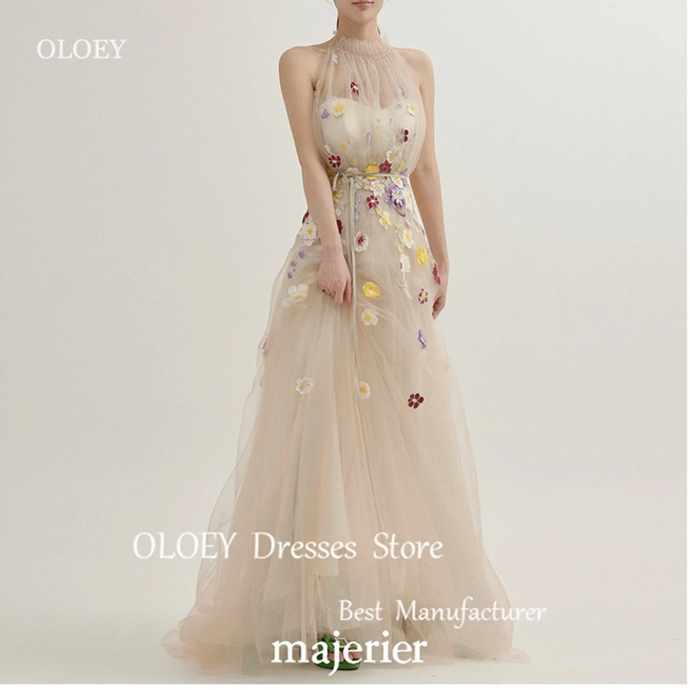 OLOEY Fairy Flowers Tulle A Line Evening Dresses Photo Shoot High Neck Floor Length Garden Wedding Party Gowns custom Prom Dress