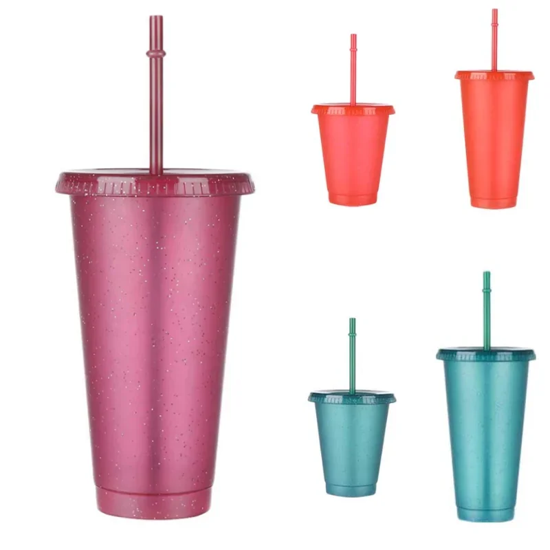 480/700ML Sequin Glitter Straw Cup Plastic Cup with Lids and Straws Reusable Coffee Cups Mugs Bubble Tea Cup Party Bar Drinkware