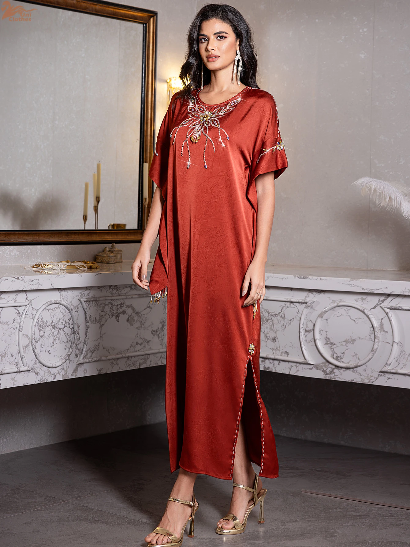 Ramadan Marokkaanse mode met strass versierde Abaya Dubai vlindermouwen maxi-jurk kaftan met splitzoom