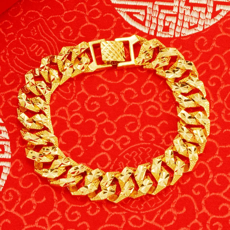 Men's 24K Gold Double-Clasp Flat Bracelet, AU999 | Chiseled dragon clasps with thunder-pattern engraving.
