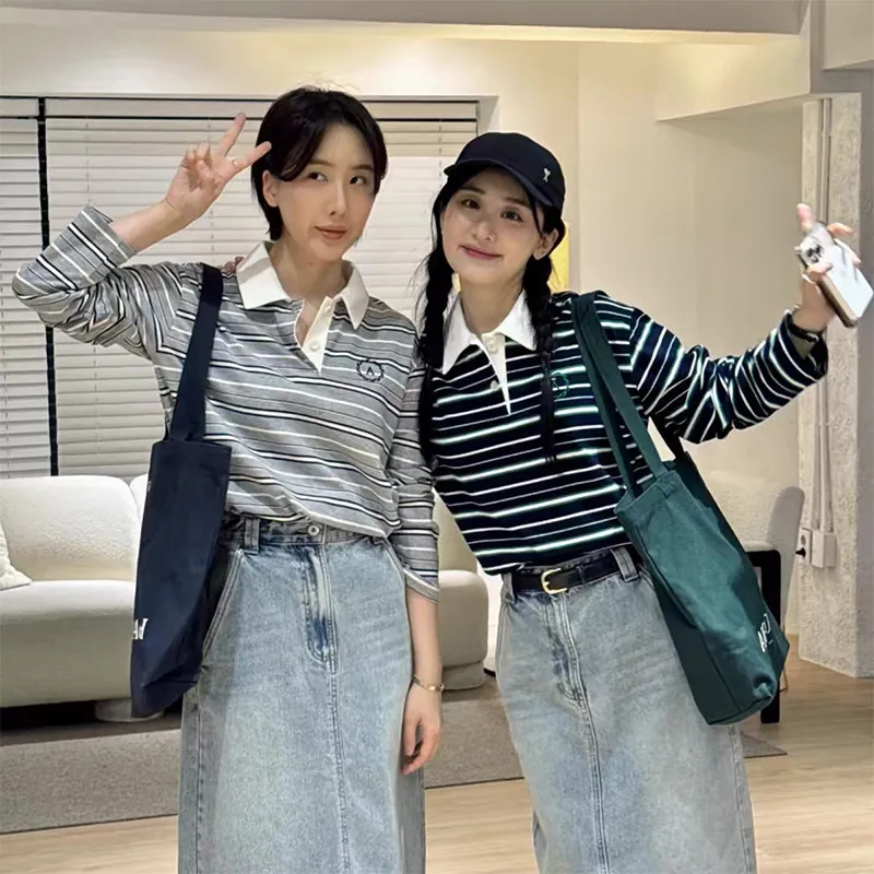 

Retro Sli Long Sve Ne T-irt Women's College Sle Striped Embroidery Faionable Ladies' Top